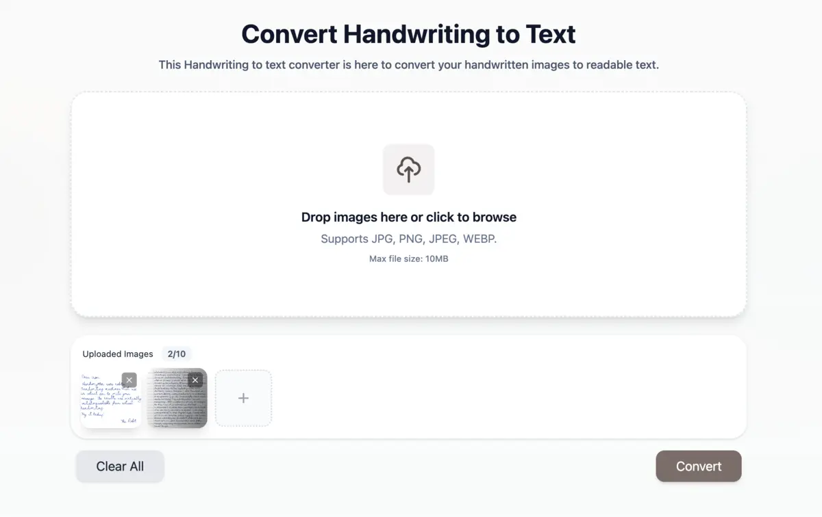 Handwriting to Text Converter Upload Screen